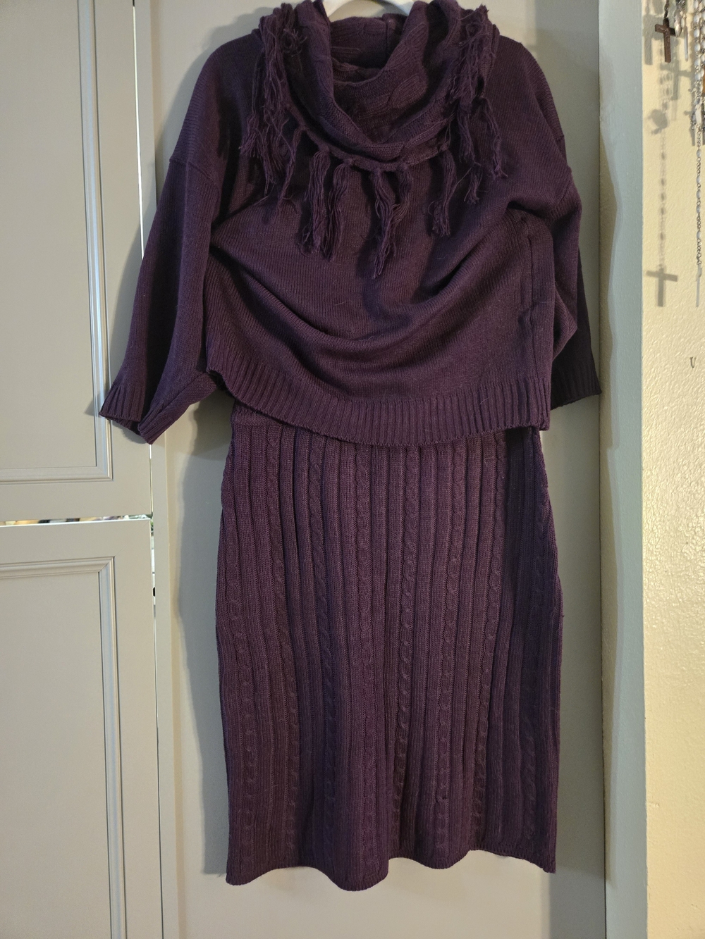 Women's Purple Cowl Neck Knit Dress with Fringe - Picture 1 of 7